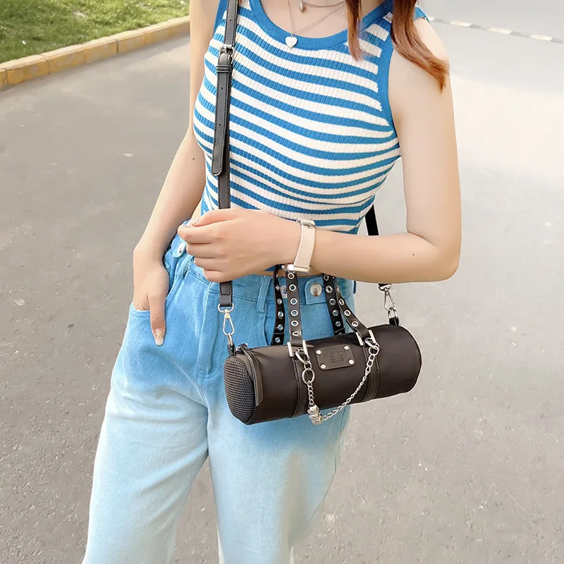 High-Grade Women's Casual All-Match Nylon Crossbody Cylinder New Street Dark Style Portable Shoulder Bag