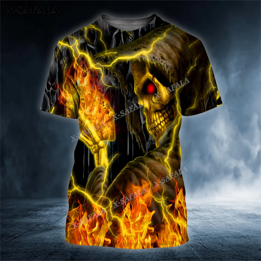

X-SAFALA Grim Reaper Holding Dead Fire Skul 3D Printed T-Shirts Tops Tees Short Sleeve Casual Milk Fibe Better Cotton O Collared