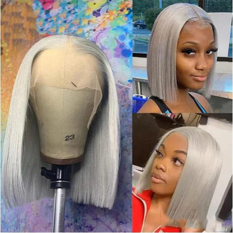 Grey Color Long Soft Transparent 13x4Lace Front Wig For Black Women Remy Straight Mixed Human Hair Wig Pre Plucked With BabyHair