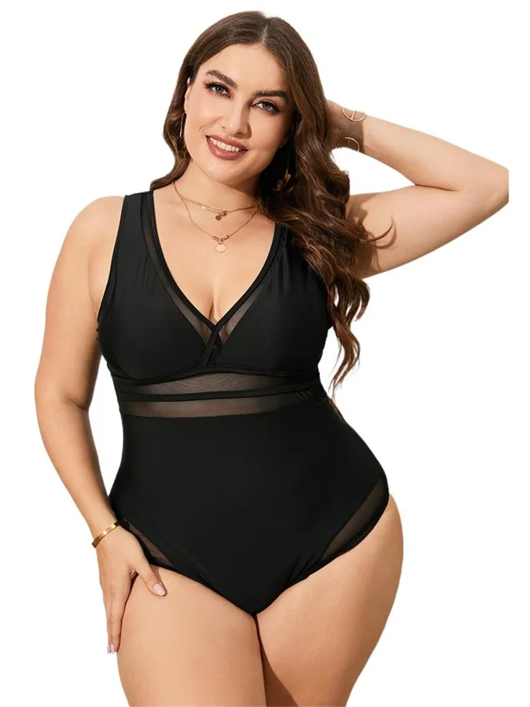 

2024 Bikini Plus Size Swimwear Women Solid Color One Piece Swimsuit Mesh Patchwork Sexy Swimming Bathing Suit Beachwear Monokini