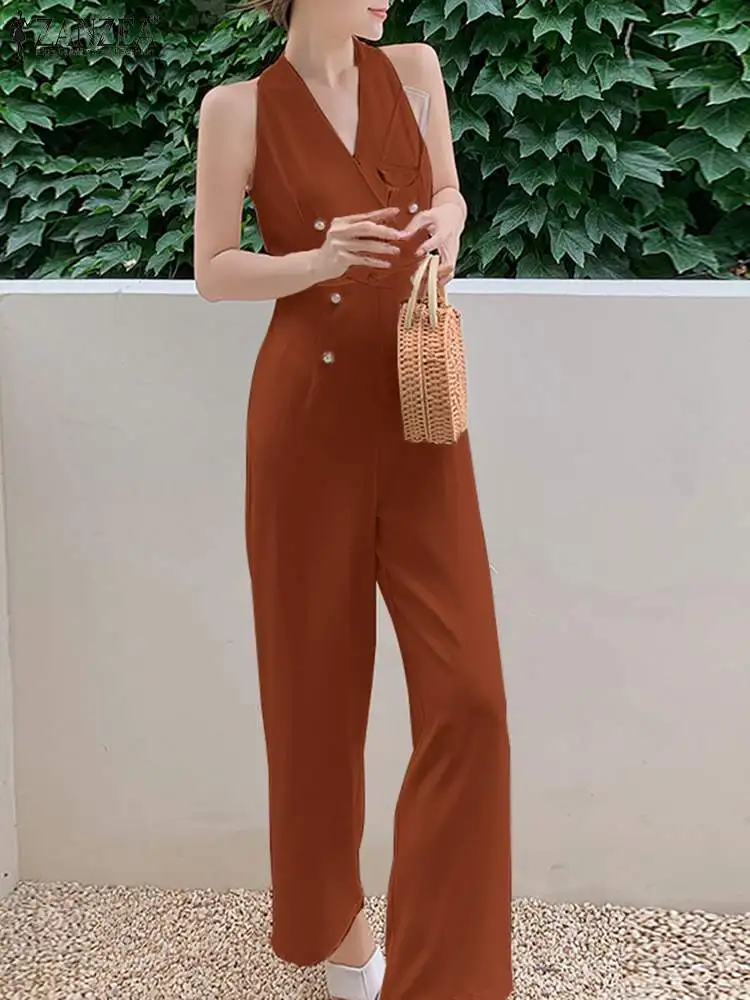 

ZANZEA Casual Sleeveless V Neck Long Rompers Women Elegant Jumpsuits Summer Solid Color Workwear Playsuits Office Lady Overalls