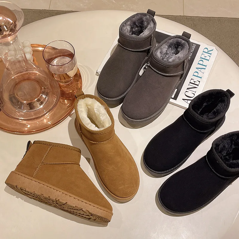 2022 Women's Snow Boot Style Autumn Winter Sheepskin Waterproof Wool Ankle Boots Velvet Lined Ankle Warm Flat Short Cotton Boots