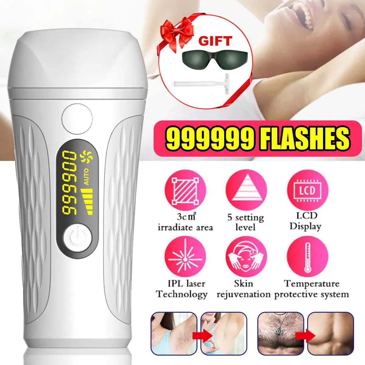 

Laser Epilator 999,999 Flash Painless IPL Hair Removal Women Shaver Laser Permanent Epilator Women Men for Face, Legs, Body