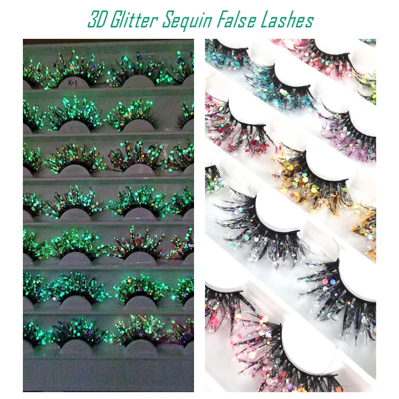 

1 пара 25 мм 3D блестящие накладные ресницы с блестками цветные светящиеся густые ресницы