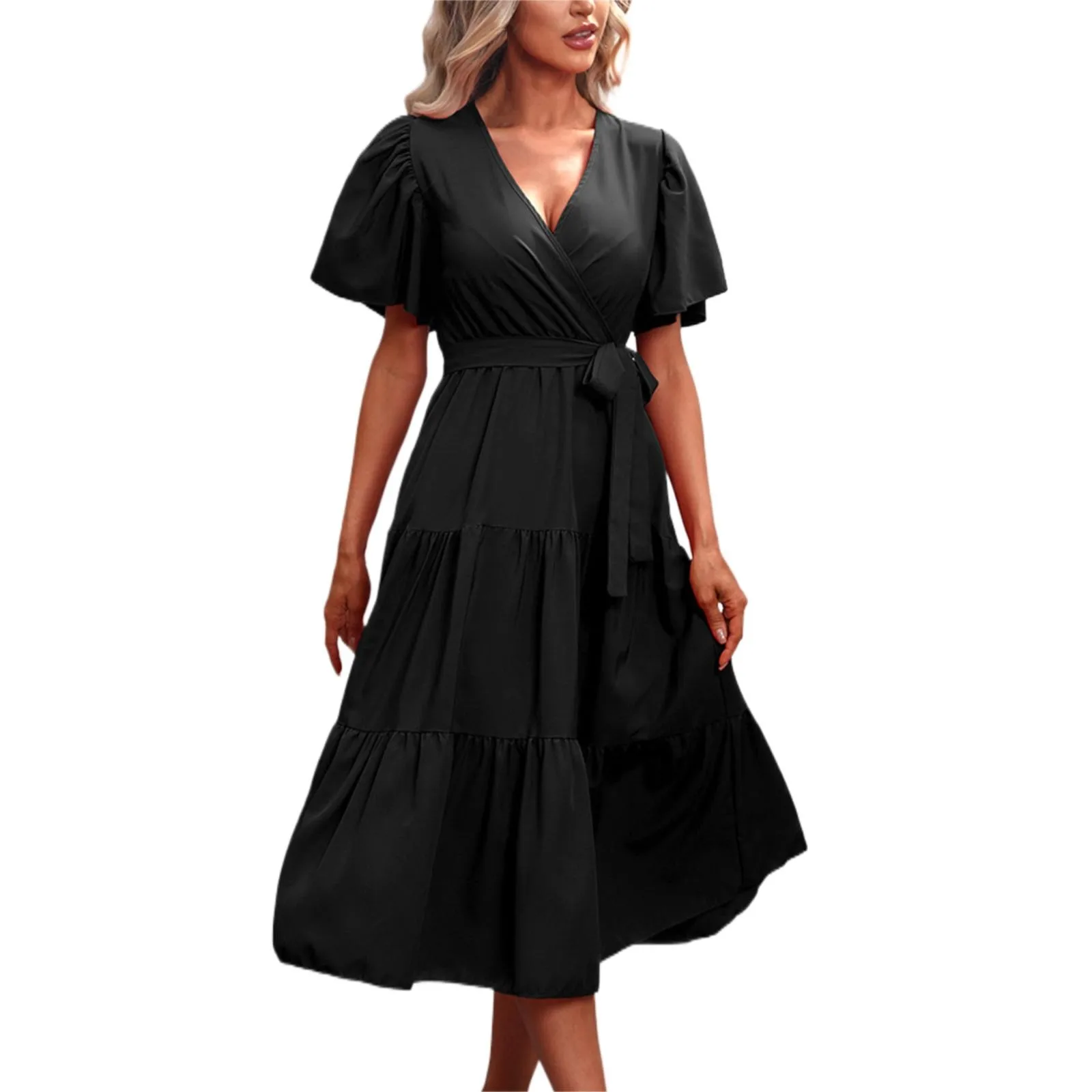 

Solid Color V Neck Short Sleeved Loose Dress Summer Women Cute Summer Dress