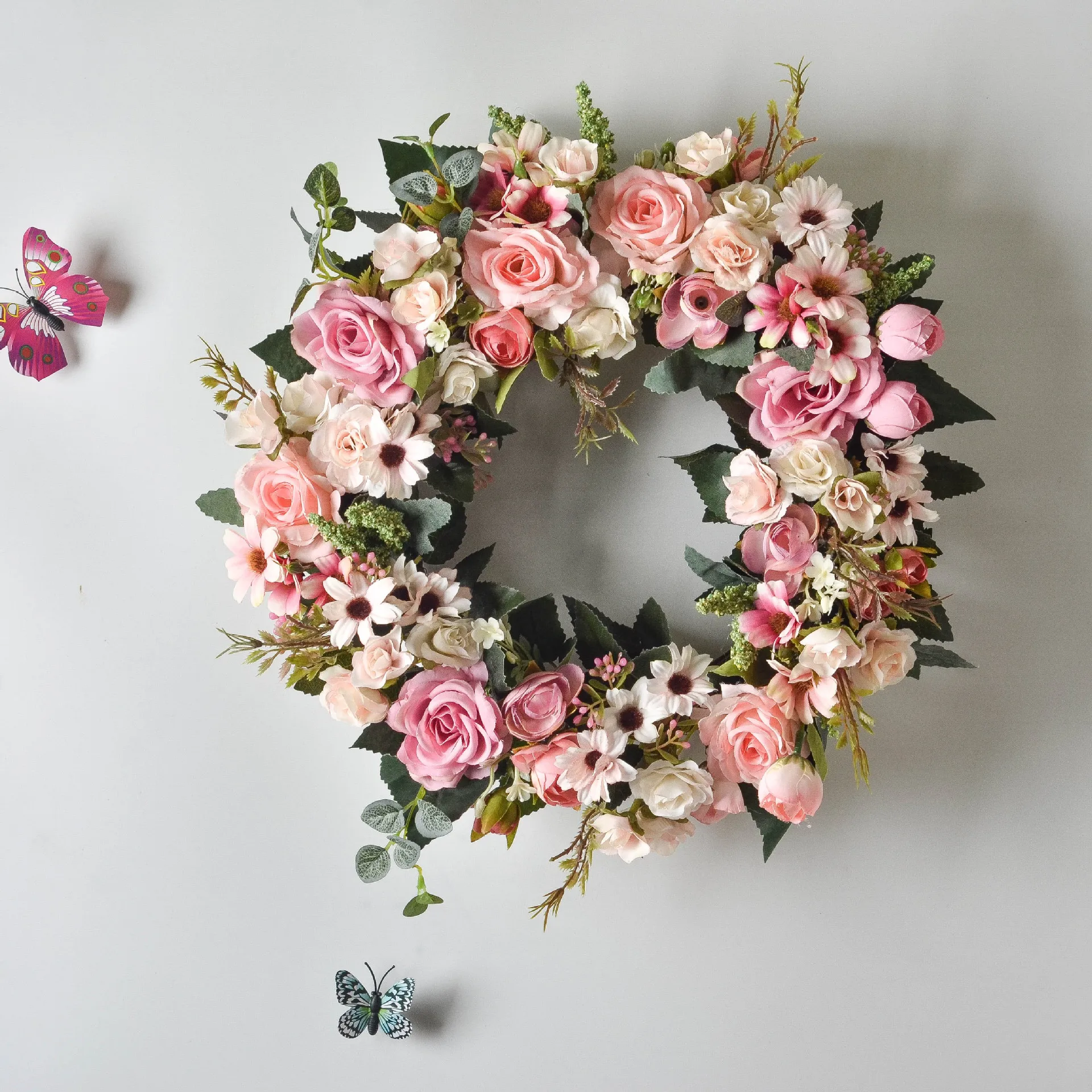 

35cm Artificial Silk Rose Wreath Flower Fake Garland for Wedding Party Decoration Front Door Wall Hanging Floral Arrangement