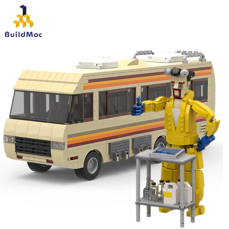 

BuildMoc Movie Breaking Bad Walter White And Pinkman Cooking Lab RV Car Building Blocks Kit Vehicle Van Toys For Children Gifts