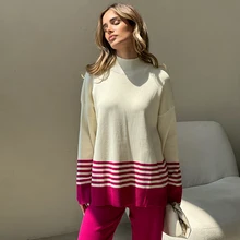 Knitted Two Piece Women Sets Winter Women Knit Suit Striped Turtleneck Sweater Matching Sets 2 Piece Pants Sets For Women 2023