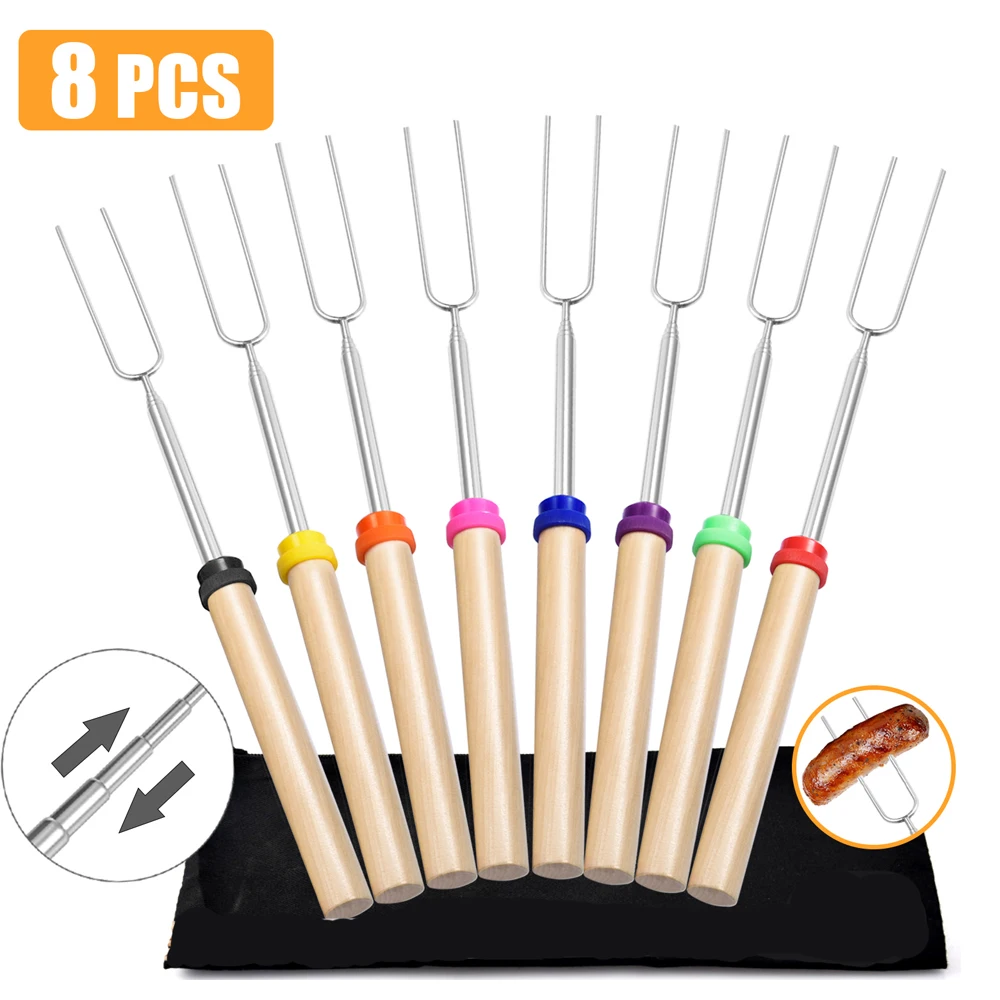 

Roasting Sticks 8Pcs Extendable Metal Barbecue Skewers For Grilling Set Telescoping Smores BBQ Forks Fire for Camping Bonfire