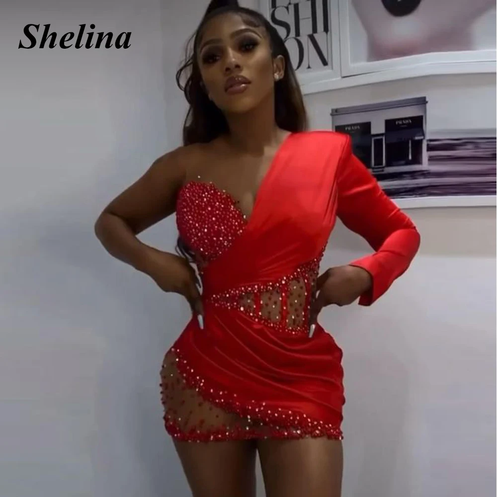 

Shelina Fancy Mini Prom Dress Pleat Crystal One-Shoulder Illusion Long Sleeves Pearls Backless Vestido De Noche Personalised