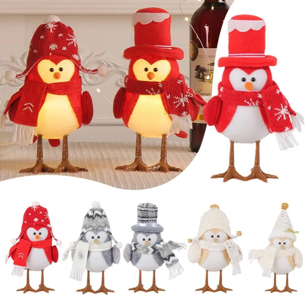 

Christmas Glowing Bird Knitted Plush Scarf Hat LED Light Up Doll Merry Christmas Home Party Desktop Decoration Supplies