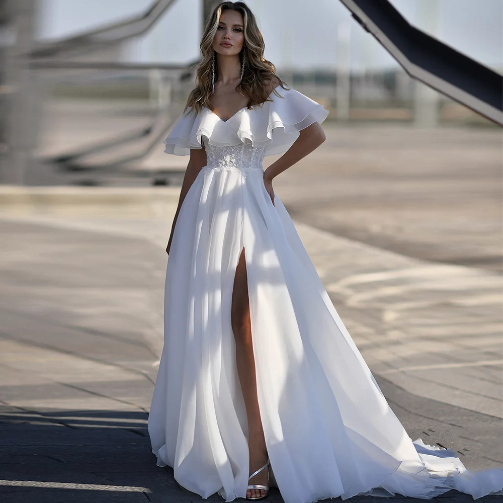 

Свадебные платья цвета слоновой кости, Новое поступление 2023, v-образный вырез, аппликация, женское блестящее платье трапециевидной формы со шлейфом