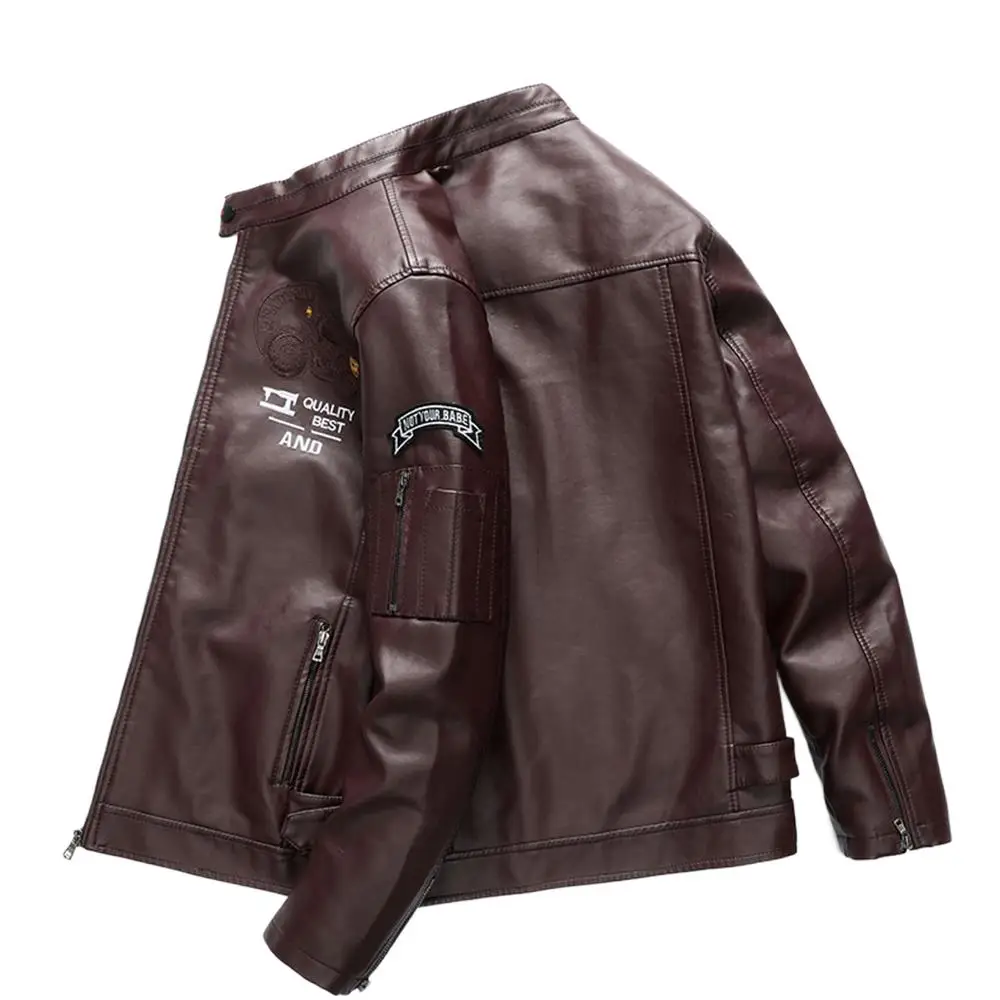 

2021 Men's Winter Casual Embroidery Faux Leather Coats Jackets Men Autumn Motorcycle PU Fleece Windproof Jacket Biker For Male