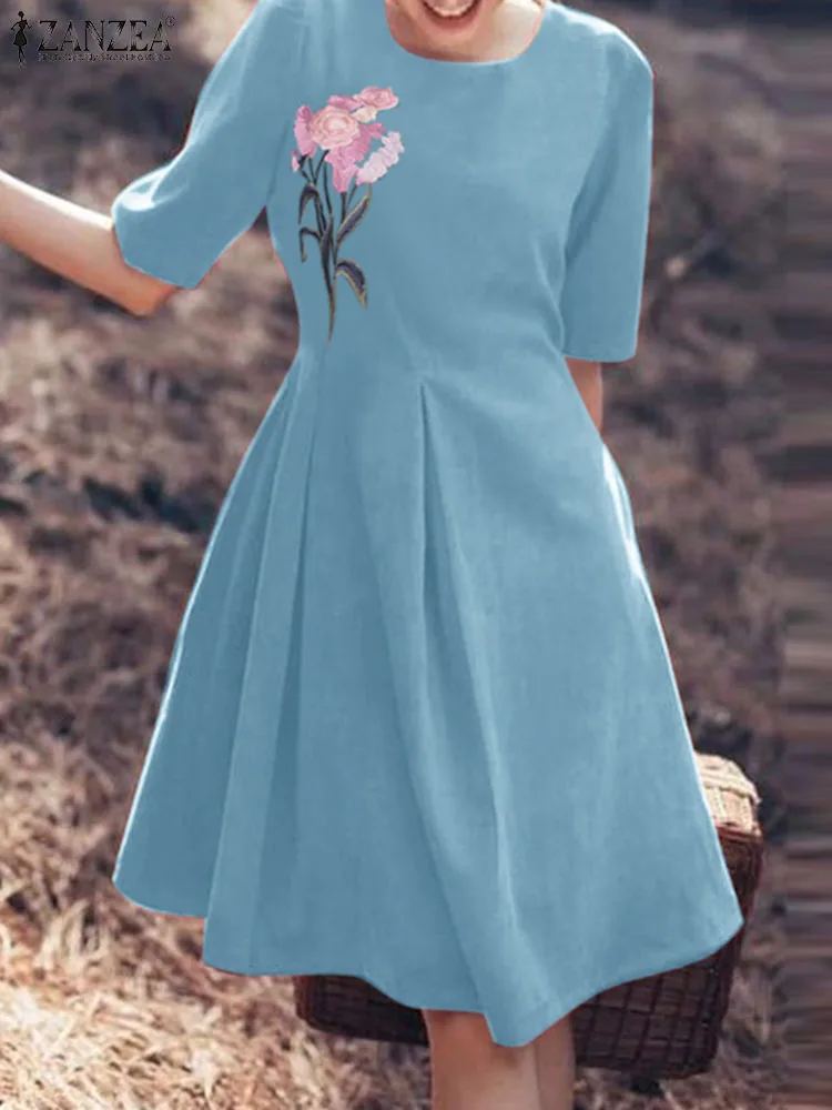 

Элегантное женское платье ZANZEA с коротким рукавом и цветочной вышивкой, летний модный женский сарафан длиной до колен, повседневное праздничное платье, кафтан