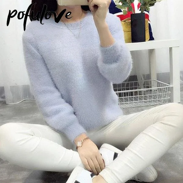 

Round Neck Sweater Women's Loose Pullover Solid Color Long-haired Sweater Thickened Warm Mohair Bottoming Autumn and Winter