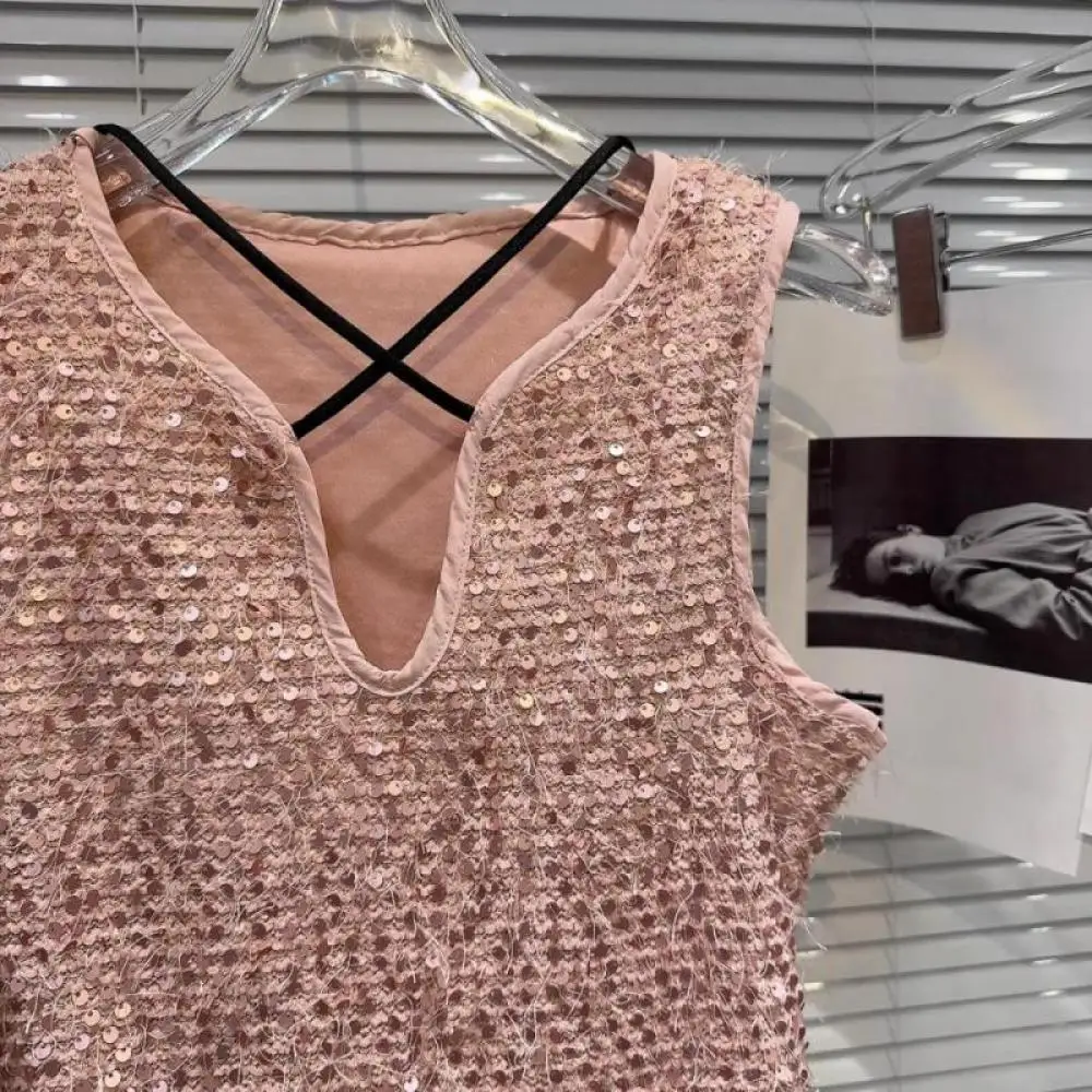 Женский облегающий Топ без рукавов розовая блестящая майка с V-образным вырезом