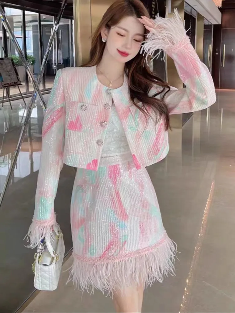 

Высококачественный французский винтажный маленький аромат с блестками, комплект из двух предметов, женская одежда, роскошная Страусиная куртка для волос, пальто и юбка, костюм из 2 предметов