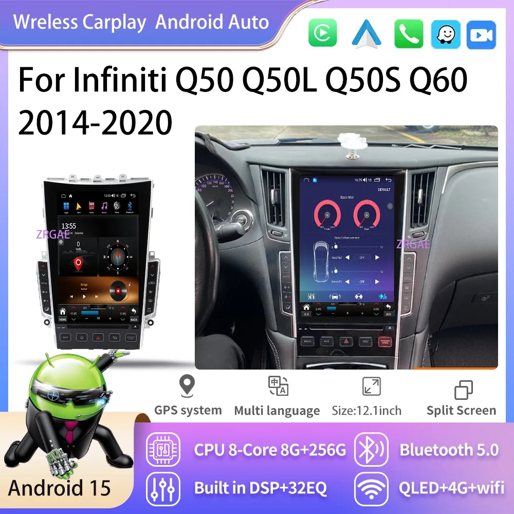 Фото Автомобильный радиоприемник Android 15, стерео для Infiniti Q50 Q50L Q50S Q60 2014-2020, Tesla, автомобильный мультимедийный Carplay, экран, GPS-плеер №1