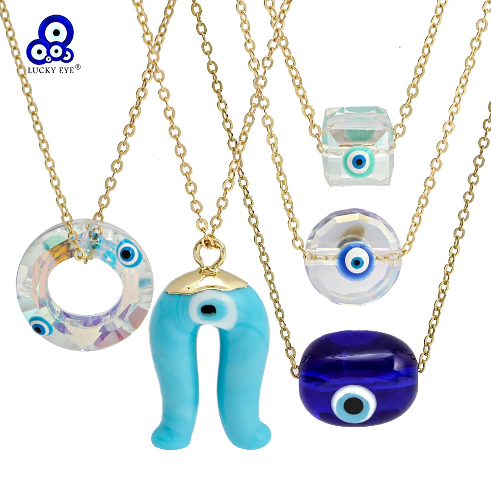 

Lucky Eye Glass Round Square Pendant Necklace Drip Oil Turkish Evil Eye Necklace for Women Girls Men Fashion Jewelry BE1211