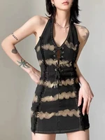 houzhou sexy denim backless mini dress women punk streetwear vintage slim v neck halter lace up striped summer bodycon dress