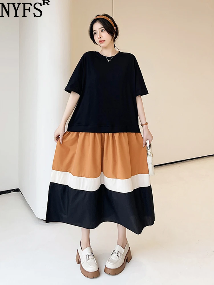 

NYFS 2023 Summer New Korea Woman Dress Vestidos Robe Ete Femme Elbise Loose Plus Size Patchwork Hem Short Sleeve Long Dresses