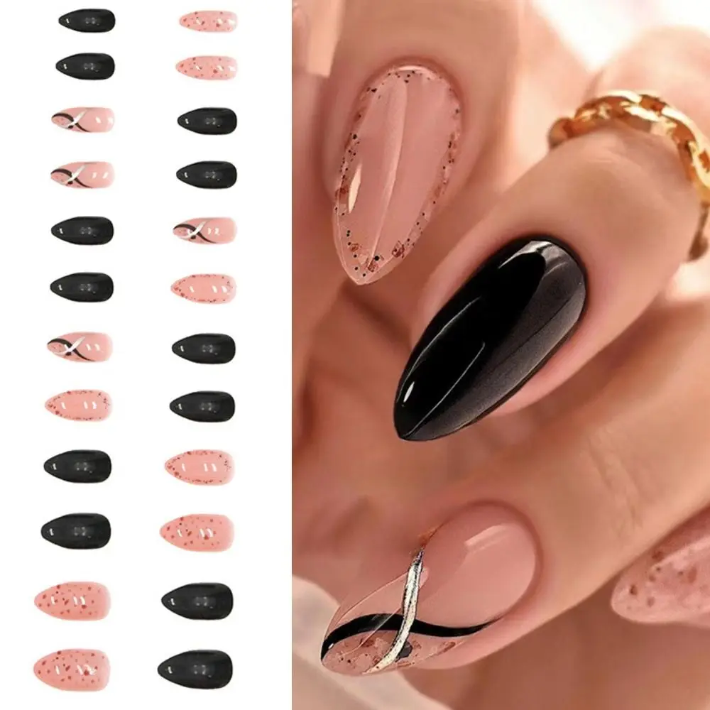 

24pcs Detachable Fake Nials Press on Nails Manicure Polka Dots Long Almond French False Nails