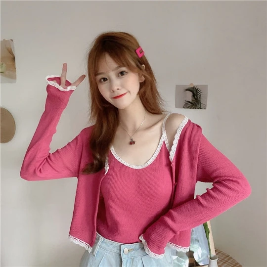 

2PC set Knitting Girl Red Women Blouse Woman Shirt Sweater Cardigan Knit Tops Tight Women's Sweaters Top Coat Cloth Suétere