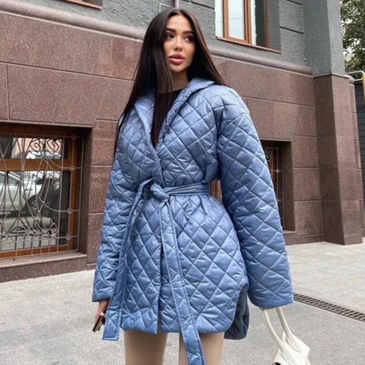 2022 Fashion Autumn and Winter Coat Slim Fitting Bandage Lapel Long Sleeve Plaid Long Personalized Cotton Coat Women's Top