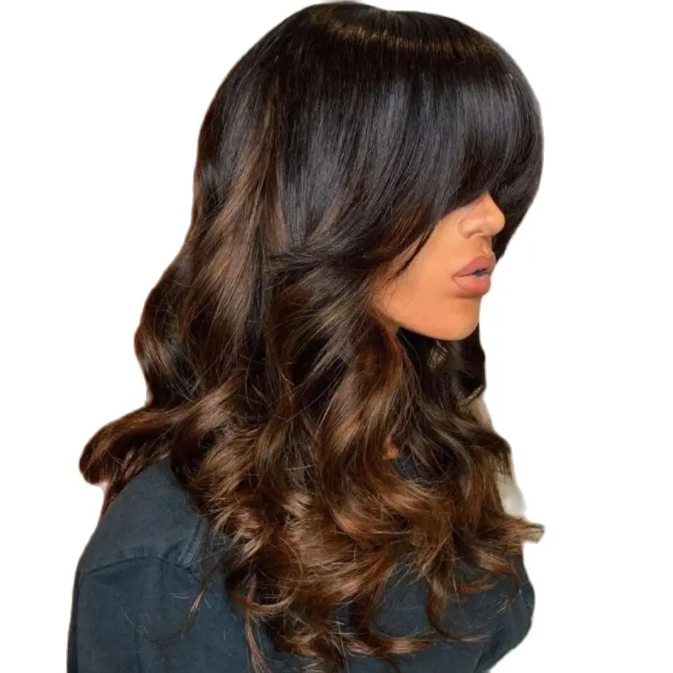200% Loose Wave Ombre Chocolate Brown Human Hair Wig With Bangs For Women Brazilian Remy Scalp Top Full Machine Wig Amethyst