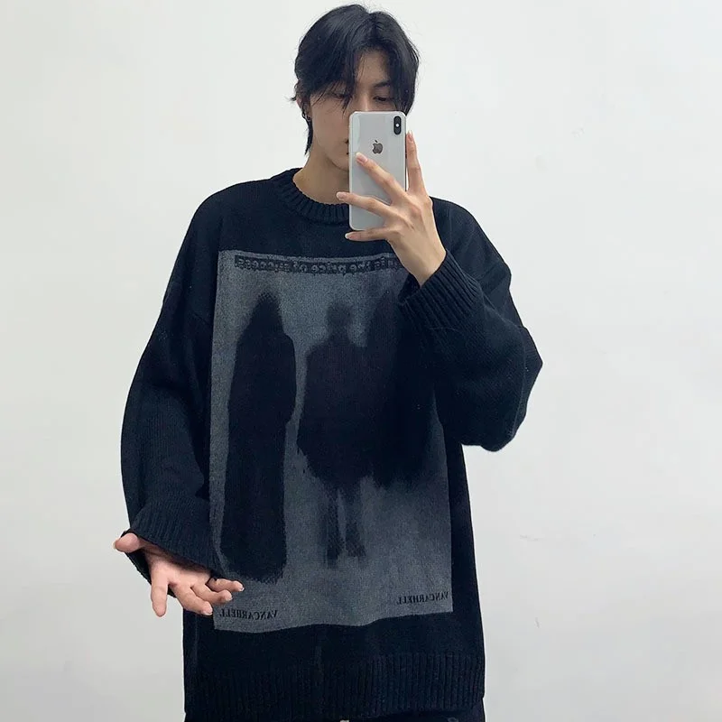 

Men's Oversized Round Neck Knit Sweater Ghost Pattern Prints Street Harajuku Jumper Men's Hip-Hop Casual Pullover Sweater Spring