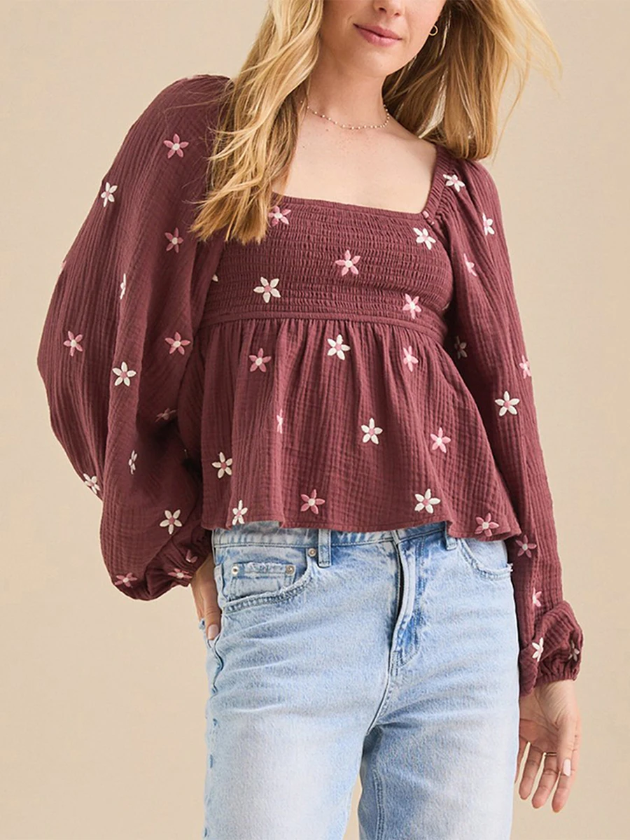 Женские модные футболки с цветочной вышивкой длинные рукава воздушным шаром