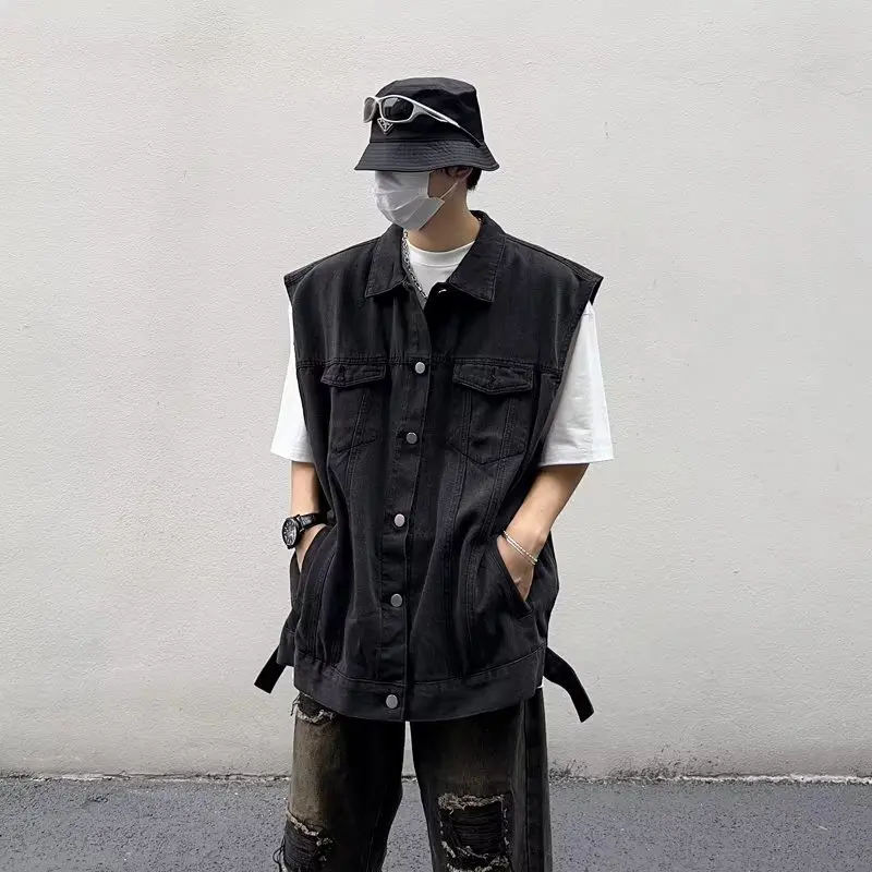 Джинсовый жилет мужской с потертостями модная мотоциклетная ковбойская куртка