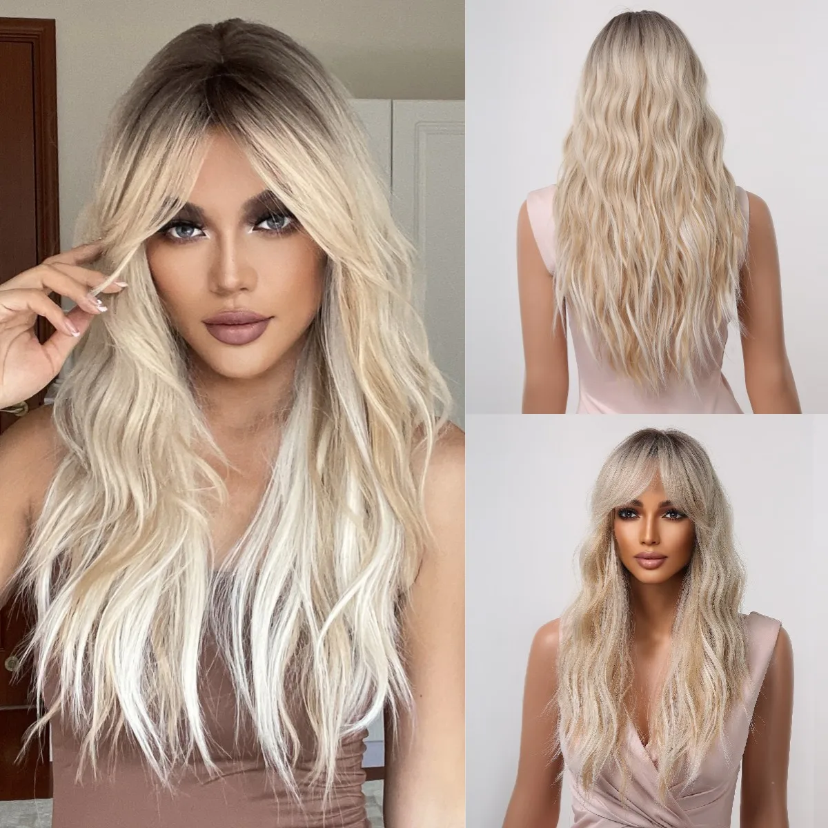 

Synthetic Wigs Wavy Platinum Blonde For Women With Bangs Brown Ombre Long Curly Wave Wig Party Daily Heat Resistant Fibre Hairs