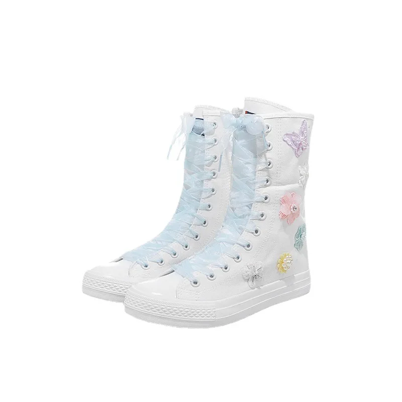 

Handmade custom ribbon flower flat fairy canvas shoes all-match casual shoes mid-tube women's shoes 35-43