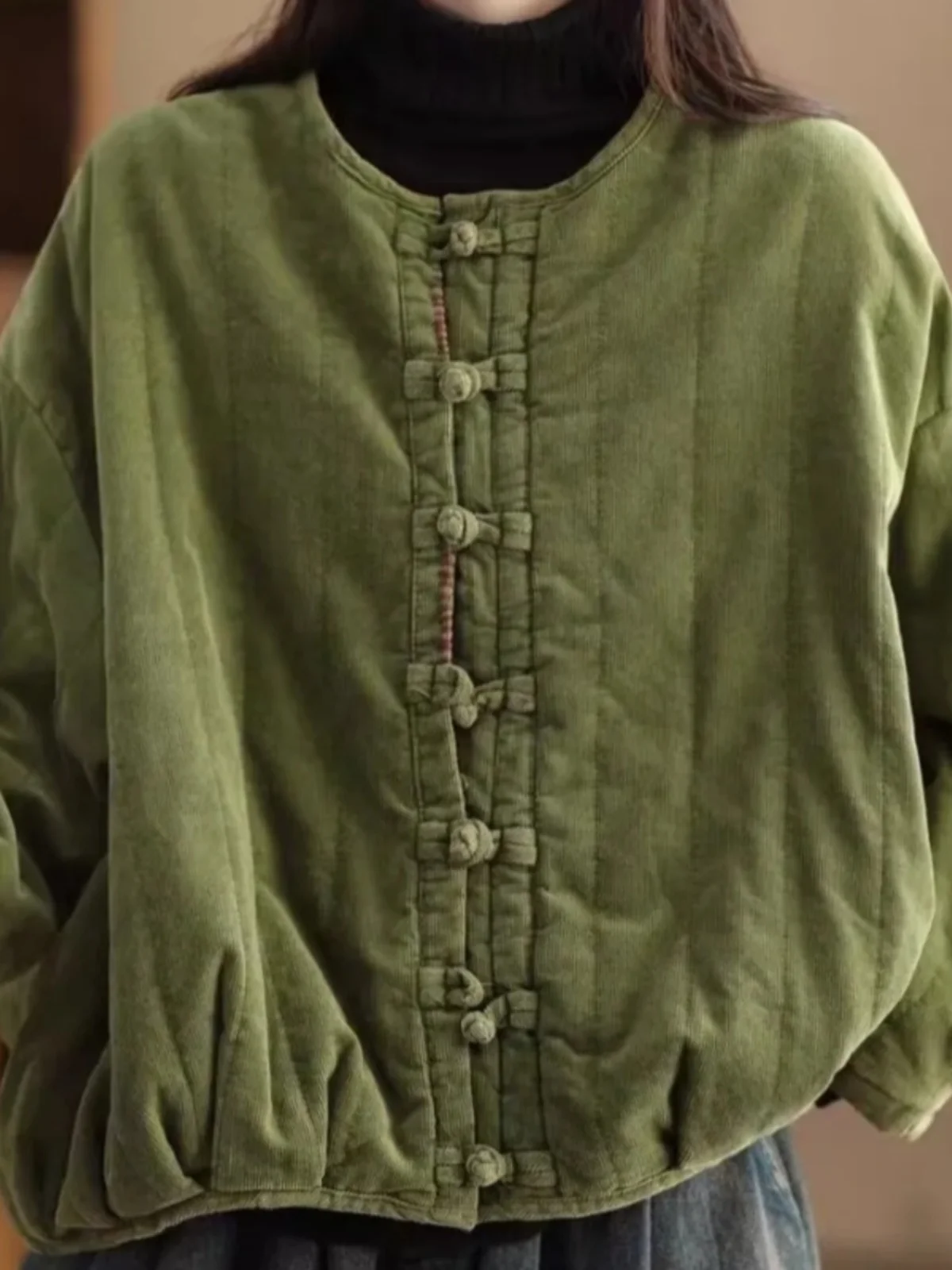 Retro Ethnic Sle Needlecord down Jacket Women Autumn and Winter 2024 New Thickened Cotton-Padded Coat Buckle Cotton-padded ...