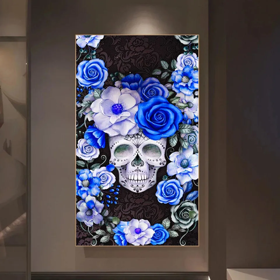Алмазная вышивка Череп с голубой розой Цветочная картина Полная дрель Мозаика