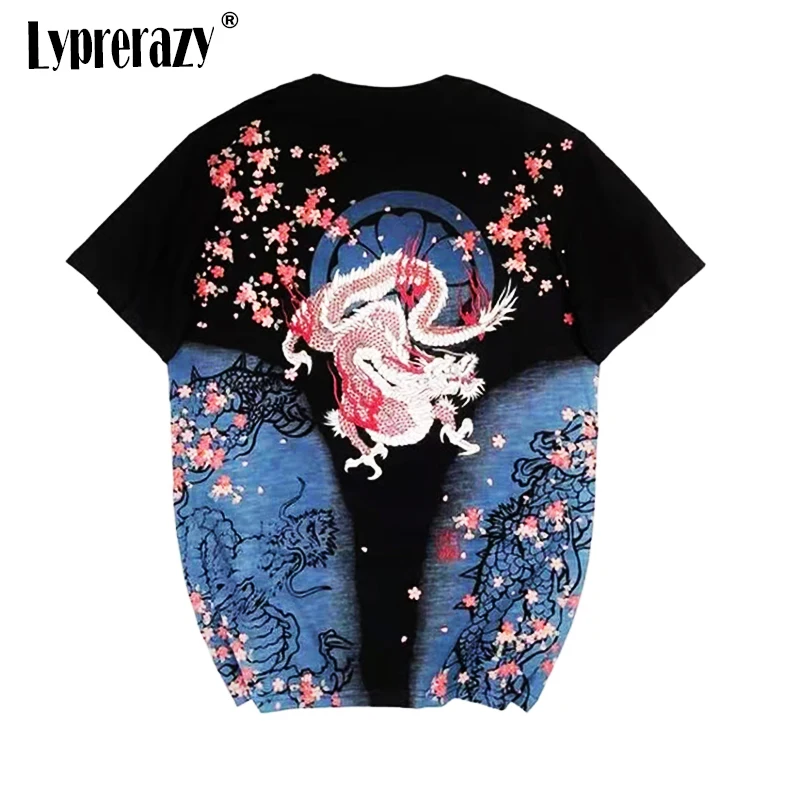 Lyprerazy Japanese Harajuku Ukiyoe Vintage Dragon Floral Embroidered T-shirt Menembroidery Chinese Style Tattoo T Shirt
