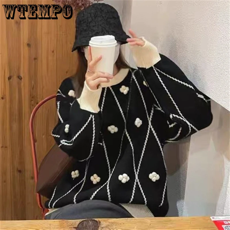 

Women Sweater Floralr Knitted Pullover Argyle Jumper Pull Tops Korean Fashion Autumn Winte O Neck Sueter Mujer Wholesale