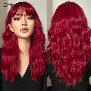 Emmor Synthetic Long Red Hair Wig with Bangs Natural Wavy Wig for Women Cosplay Heat Resistant Fiber Wigs