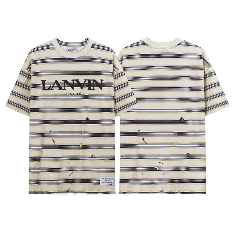 

LANVIN Fashion Luxury high-quality summer tide splash ink striped round neck T-shirt men and women couples with short-sleeved