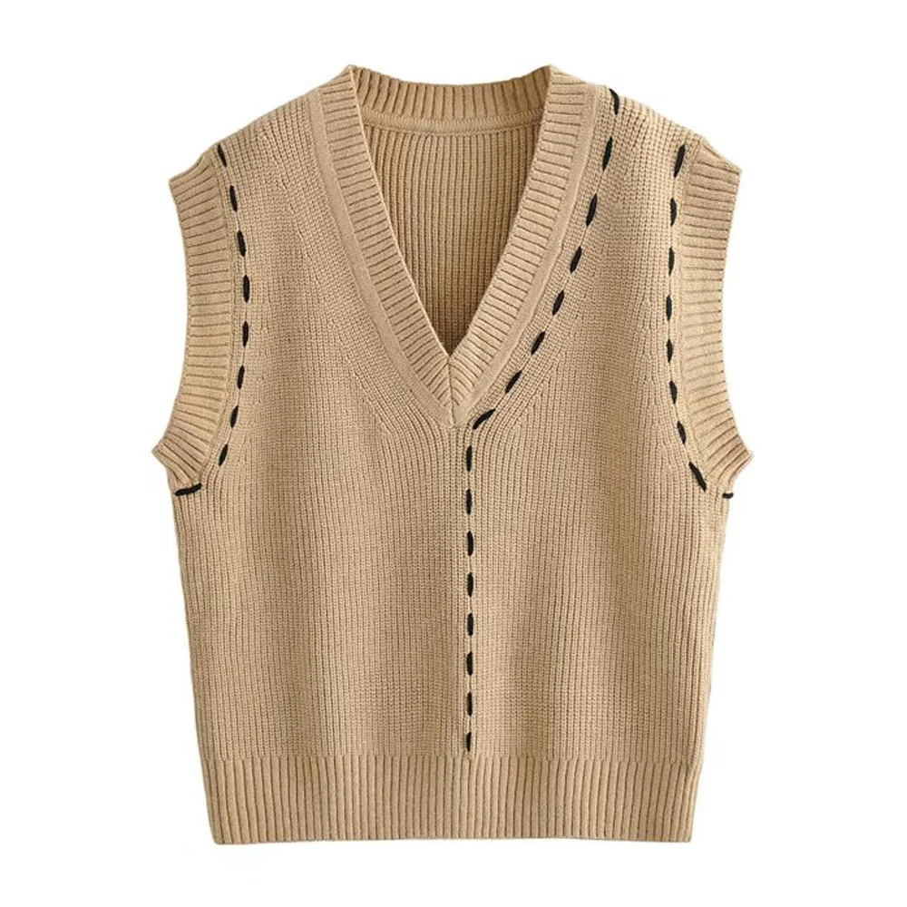 

Женский модный контрастный вязаный жилет, винтажный жилет с V-образным вырезом без рукавов, женские топы, свитер, жилет для женщин