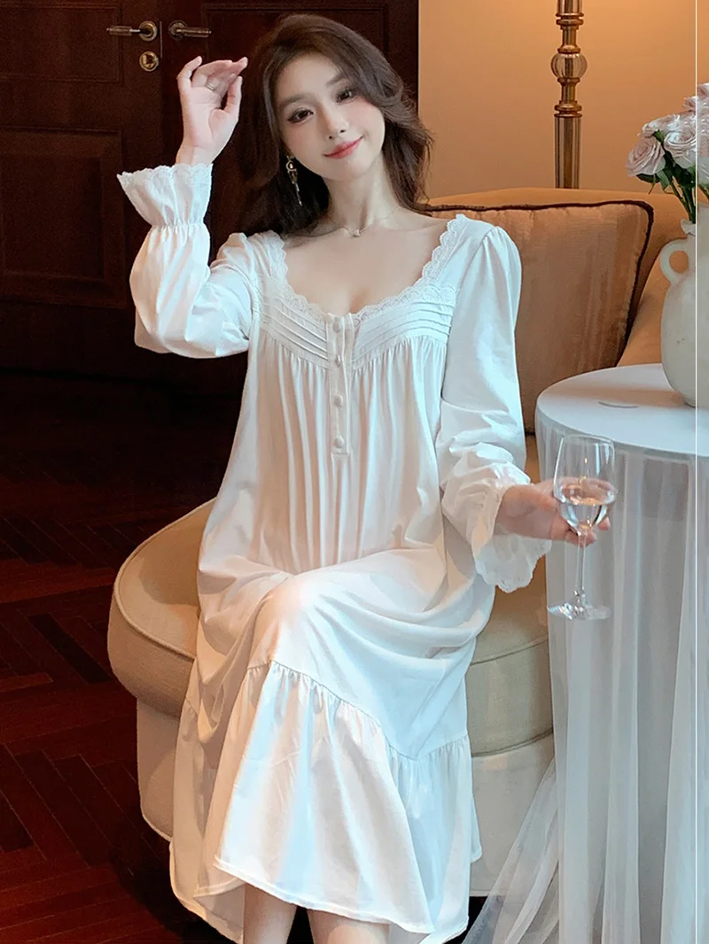 

Женские французские винтажные пижамы принцессы, ночная рубашка, Осенние хлопковые кружевные ночные рубашки с длинным рукавом и оборками в викторианском стиле, одежда для сна