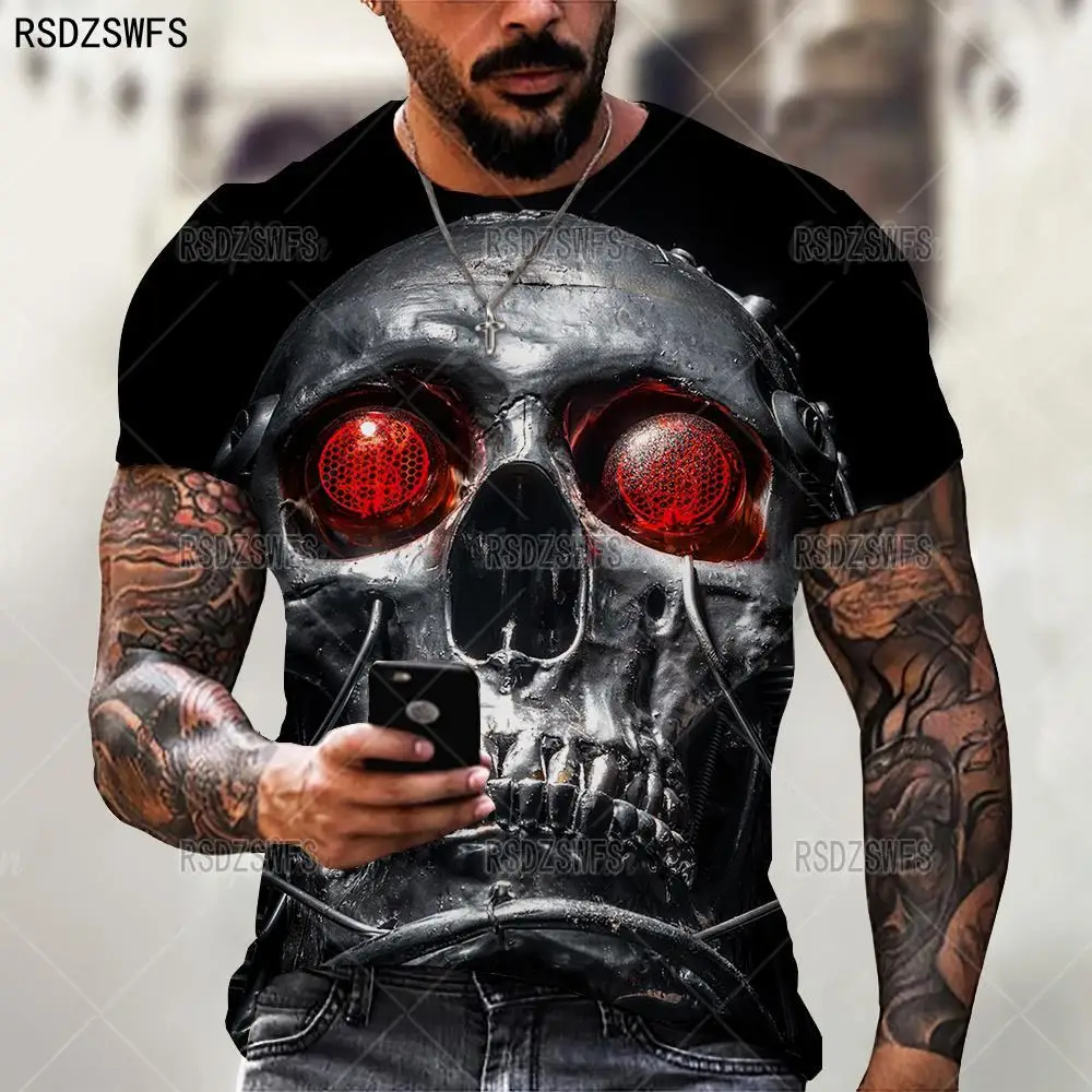 

2023 Men's terror skull 3D printing T-shirt, short-sleeved casual clothing, street clothing, hip-hop T-shirt, summer clothing