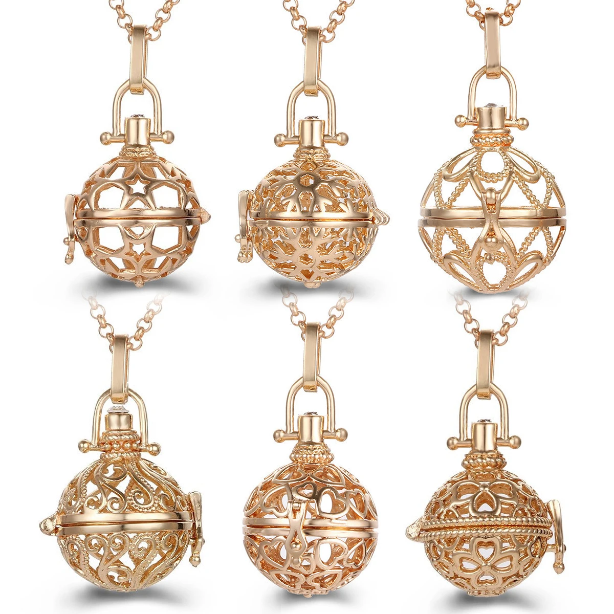 

Mexico Chime Aromatherapy Diffuser Caller Locket Necklace Snowflake Gold Cage Woman Vintage Pendant High Quality Simple Jewelry