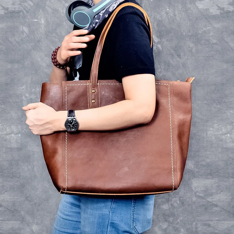 Fashion vintage high quality genuine leather men's tote bag real cowhide large capacity handbag luxury big laptop shoulder bag