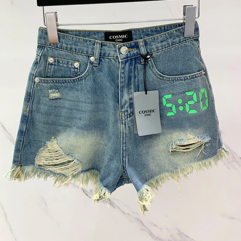 

22 Summer Denim Shorts Women Fashion Embroidery 520 Luminous Letter Print Washed Basic Short Pants High Waist Pocket Short Jeans