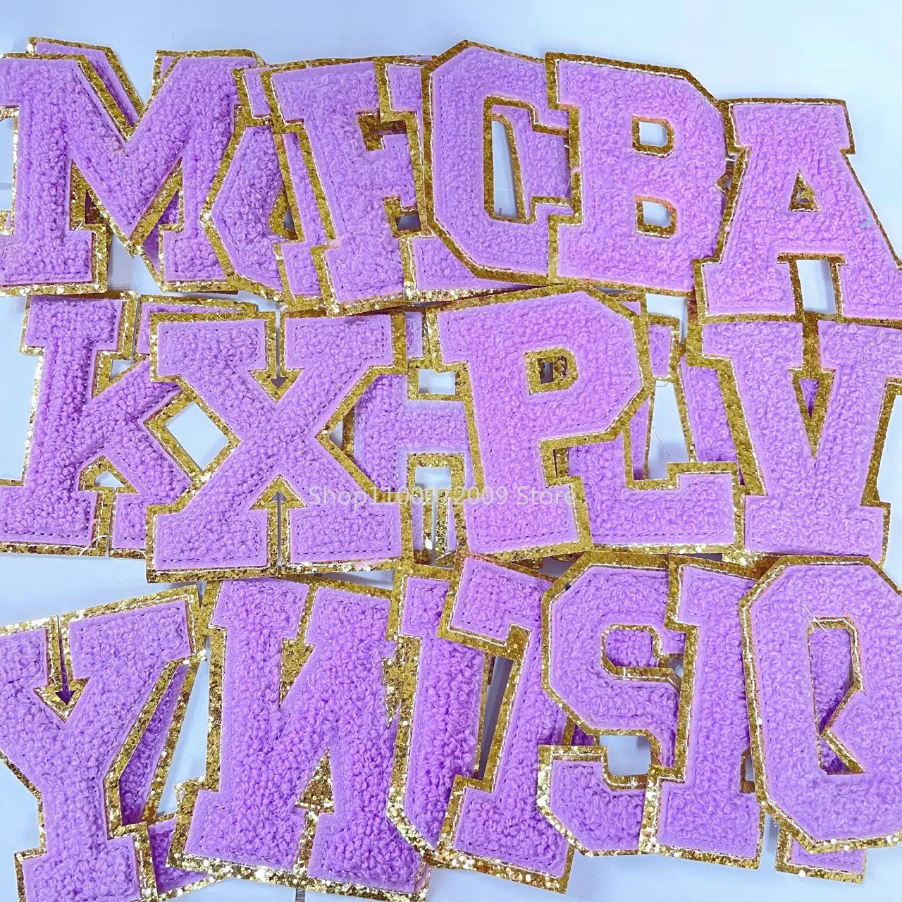 

8CM Purple Chenille Letters Patches Iron on Towel Embroidered Felt Alphabet Glitter Sequins Heat Adhesive Applique DIY Accessory