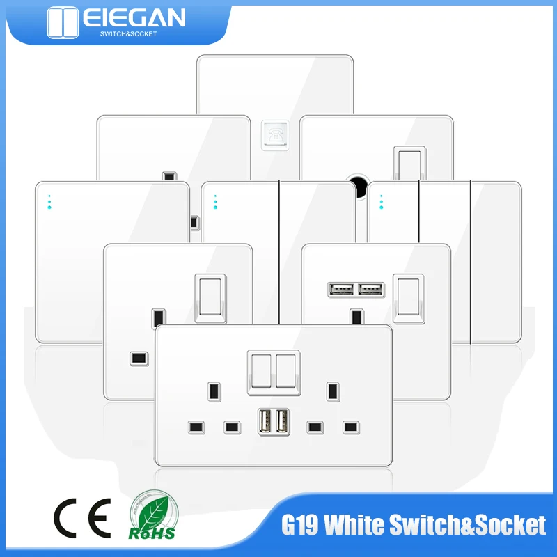 

White Full Tempered Glass Panel UN UK EU Standard Wall Light Switch Power Socket USB Type-C Outlet TV TEL Computer USB Socket