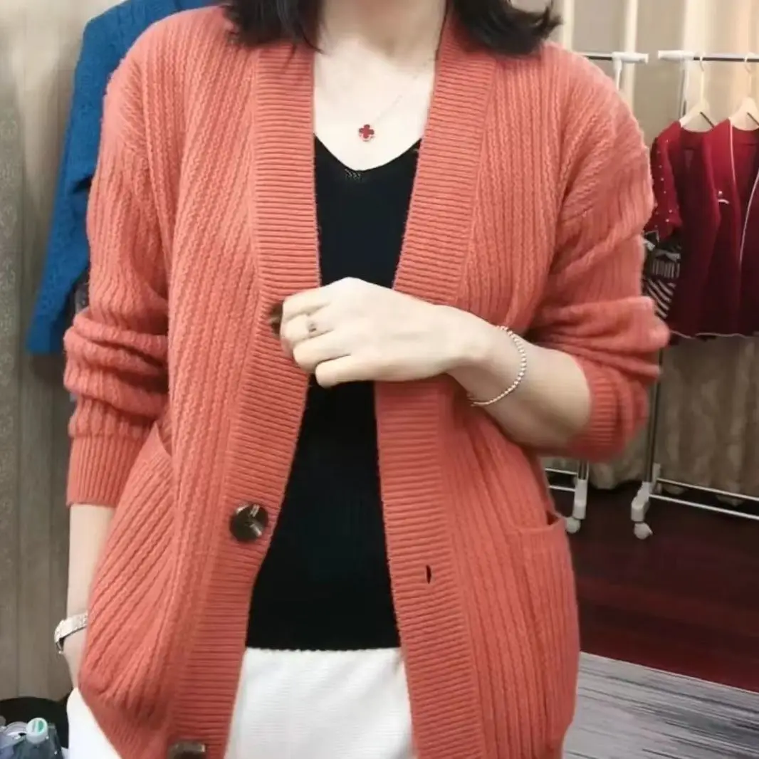 Шерстяной кашемировый кардиган, женский осенне-зимний новый свитер с круглым вырезом, Свободное пальто большого размера, корейская модная вязаная куртка V139
