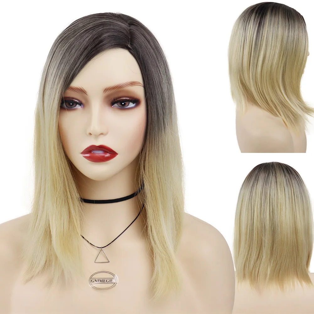 

GNIMEGIL Synthetic Wigs for Women Blonde Ombre Wigs with Dark Roots Medium Length Straight Hair Wig Natural High Temperature Wig